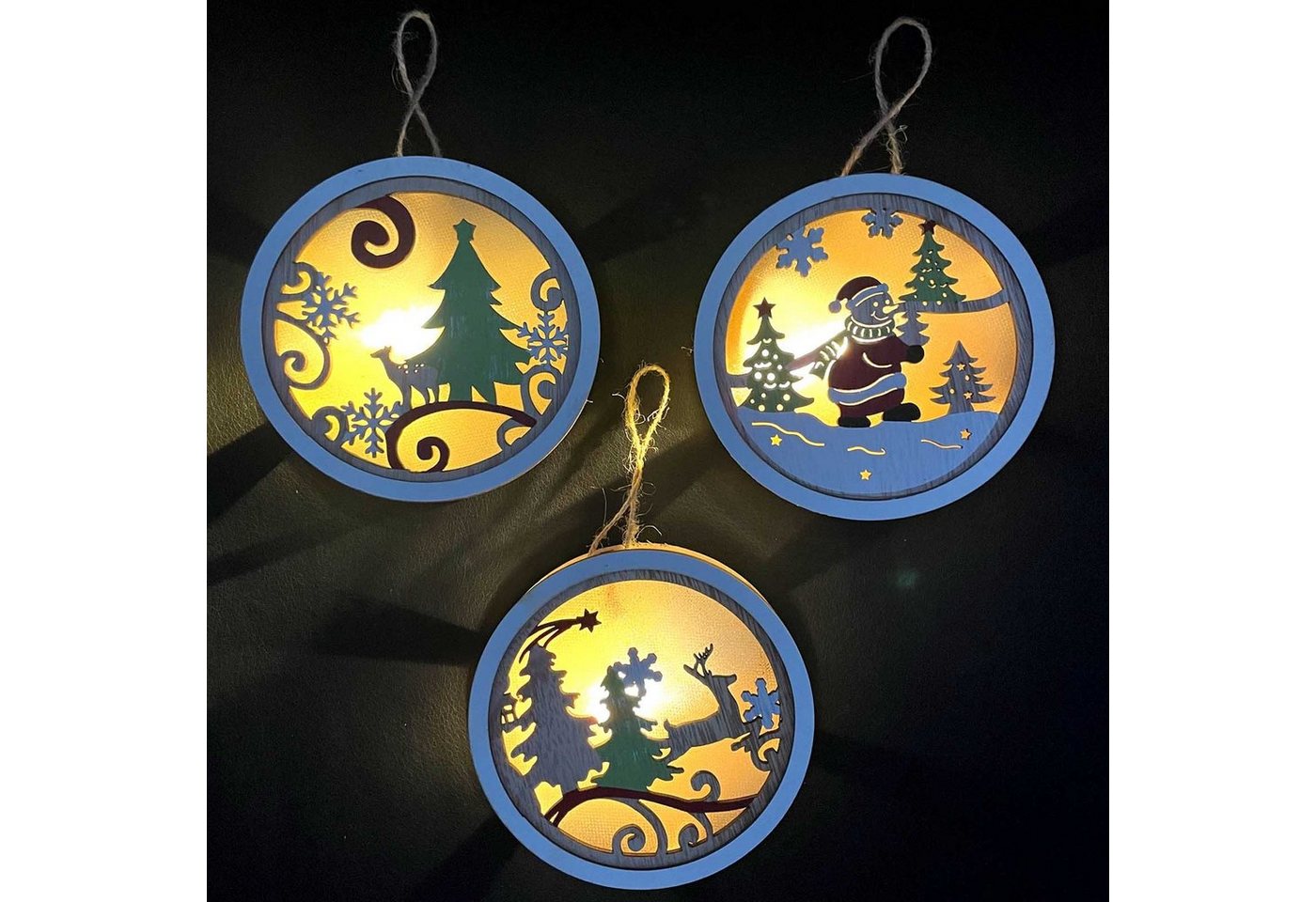 HAC24 Dekohänger Weihnachten Holz Deko Hängedeko Weihnachtsdeko Holzanhänger Holzdeko (3 St), LED Ø 12 cm von HAC24