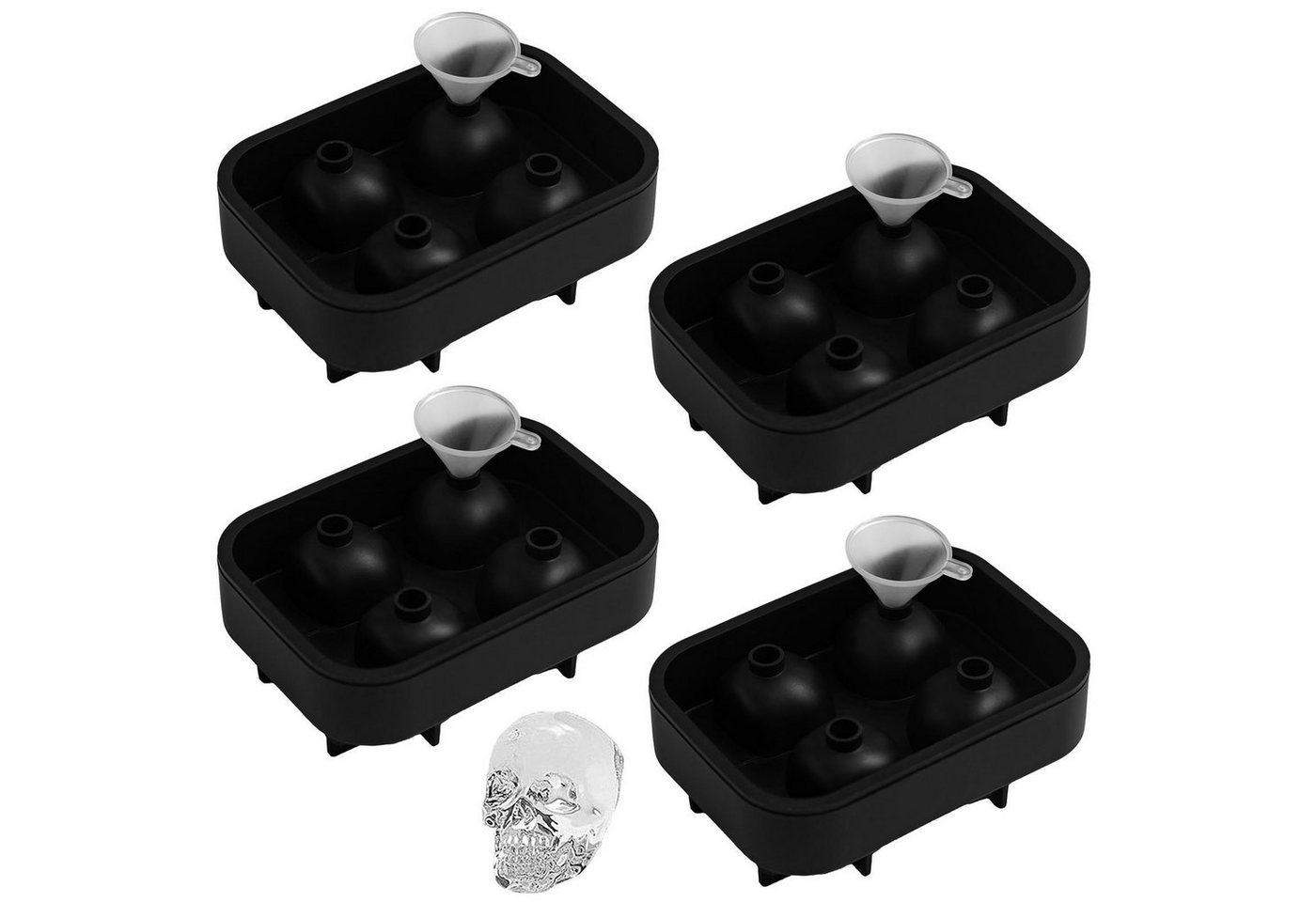 HAC24 Eiswürfelform Silikonform Totenkopf Silikon Eiswürfelbehälter Eiswürfelbereiter, (Set 4-tlg), mit Trichter von HAC24