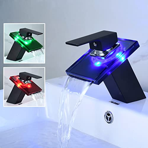 LED Glas Wasserfall Armatur Waschbecken Schwarz Wasserhahn Waschtisch Bad Mischbatterie Mit Farbwechsel Einhebelmischer Licht Badarmatur von HAC24