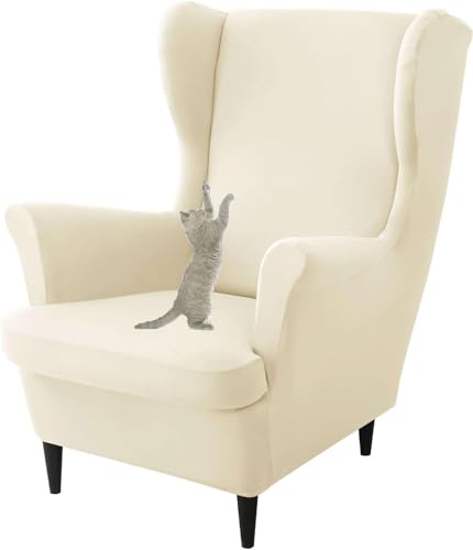 Stretch Schonbezug Für Ohrensessel Mit Kissenbezug, Kratzfester Ohrensessel Bezug Für Katzen Waschbarer Möbelschutz (beige,Einheitsgröße) von HACLEN