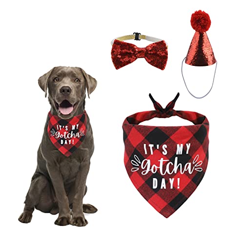 HACRAHO Hund Geburtstag Bandana Hut Fliege Set, 3 Stück Faltbar Mein Gotcha Day Plaid Hund Bandana Hund Geburtstag Party Hut mit Niedlich Hund Fliege Halsband für Hunde Katzen Haustiere, Rot von HACRAHO