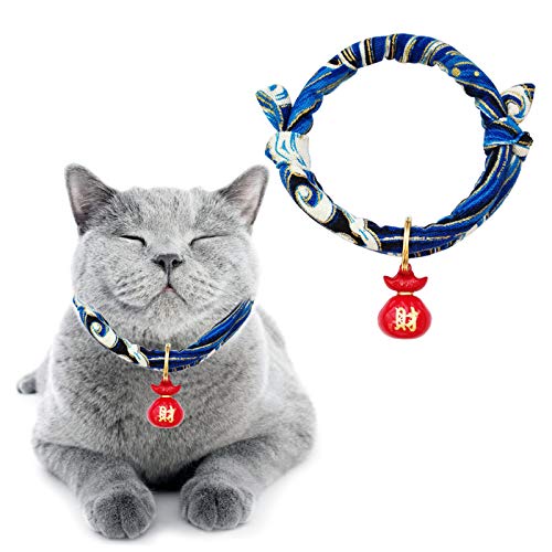 HACRAHO Katzenhalsband mit Glöckchen, 1 Stück, blau, japanischer Stil, Wellendruck, Haustierhalsband, verstellbares Katzenhalsband mit Glöckchen für kleine Katzen, Welpen, Haustiere, Größe M von HACRAHO