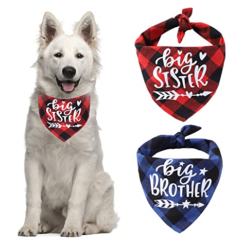 HACRAHO Plaid Hundehalstuch, 2 Stück Schwangerschaft Ankündigung Plaid Hund Bandana Big Brother Big Sister Triangle Dog Bandana für Hunde Katzen Welpen, Blau und Rot von HACRAHO