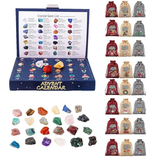 24 Tage Kristall Adventskalender, 24 Kristalle Mineralien Edelsteine Weihnachts-Countdown-Kalender, Kristall Stein Mineralien Fossilien Countdown-Kalender Enthusiasten Rockcollection von HADAVAKA