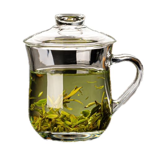 HADAVAKA Glas-teebecher Mit Henkel, Transparente Teetassen & Kaffeegläser, Glas-teebecher Mit Deckel, Verdickter Hitzebeständiger Teebecher, Für Losen Tee, Blütentee, Teebeutel Und Kaffee (325ML) von HADAVAKA