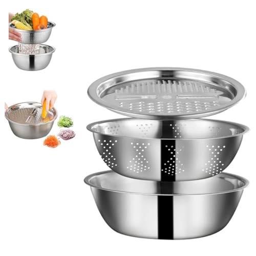Multifunktionale Edelstahlschüssel, Mit Reibe 3 In 1 Gemüseschneider, Reisspüler Waschschüssel Sieb Schüssel Abtropfkorb, Auslaufschüssel Runder Haushaltswäsche Obstkorb von HADAVAKA