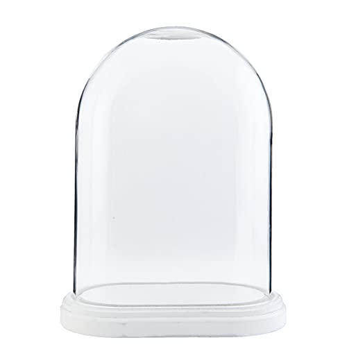 HAES DECO - Dekorative Glasglocke mit weißem Holzsockel - Glaskuppel Oval 26 x 15 cm und Höhe 34,5 cm - Dekorative Glashaube als Tischdeko - Transparent Glasglocke - ST017641 von HAES DECO