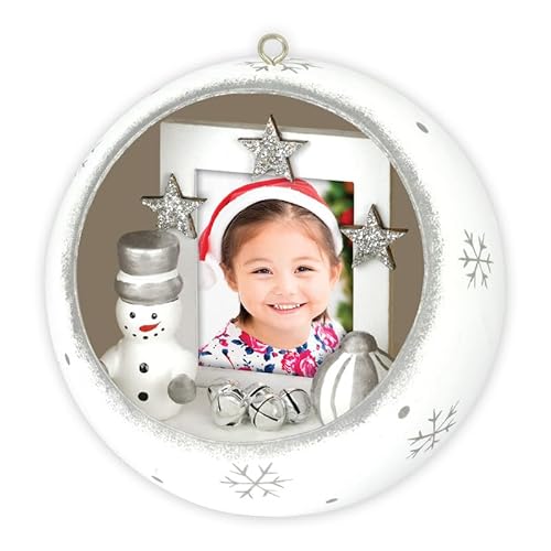 HAES DECO – Foto-Weihnachtskugel XL für Passfoto 3,5 x 4,5 cm – Weihnachtskugel weiß mit Schneemann – rund 10 cm – Weihnachtsdekoration für drinnen – LS446HS von HAES DECO