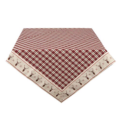 HAES DECO – Quadratische Tischdecke – Größe 150 x 150 cm – Farben Beige/Offwhite/Rot – 100% Baumwolle – Kollektion: Cosy Lodge – Weihnachtstischdecke, Tischwäsche, Tischtextilien von HAES DECO