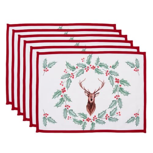HAES DECO – Set mit 6 Tischsets – Größe 48 x 33 cm – Farben Weiß/Rot/Braun/Grün – aus 100% Baumwolle – Kollektion: Holly Christmas – Weihnachts-Tischsets von HAES DECO