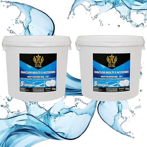 HAF® Pool Chlor Multitabs 5 in 1 | 10 kg | Langsam lösliche 200g Multi Chlortabletten mit 5 Phasen zur Pflege & Reinigung für kristallklares Poolwasser - Qualität: Made in Europe - Menge: 2 x 5 kg von HAF