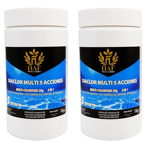 HAF® Pool Chlor Multitabs 5 in 1 | 2 kg | Langsam lösliche 20g Multi Chlortabletten mit 5 Phasen zur Pflege & Reinigung für kristallklares Poolwasser - Qualität: Made in Europe - Menge: 2 x 1 kg von HAF
