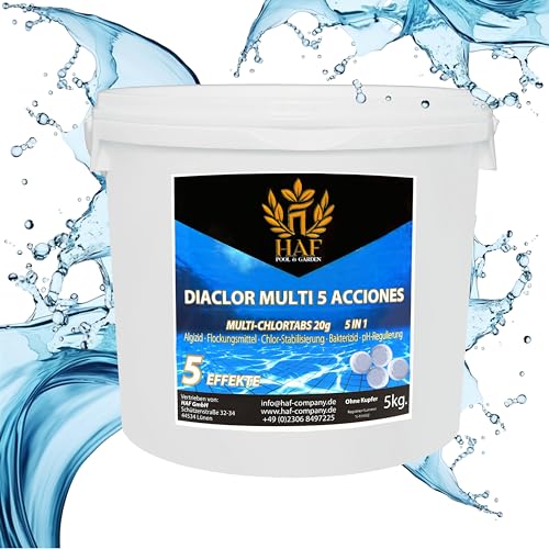 HAF® Pool Chlor Multitabs 5 in 1 | 5 kg | Langsam lösliche 20g Multi Chlortabletten mit 5 Phasen zur Pflege & Reinigung für kristallklares Poolwasser - Qualität: Made in Europe - Menge: 1 x 5 kg von HAF