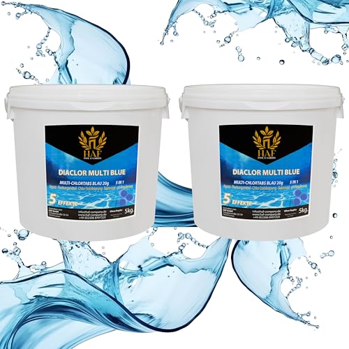 HAF® Pool Chlor Multitabs 5 in 1 Blau | 10 kg | Langsam lösliche 20g Multi Chlortabletten für kristallklares Poolwasser | 5 Phasen Pflege & Reinigung - Qualität: Made in Europe - Menge: 2 x 5 kg von HAF