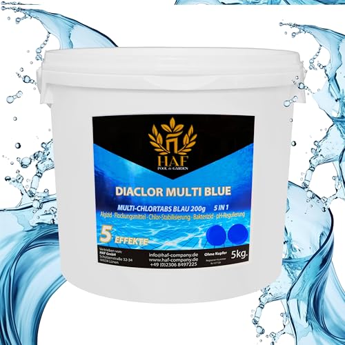 HAF® Pool Chlor Multitabs 5 in 1 Blau | 5 kg | Langsam lösliche 200g Multi Chlortabletten für kristallklares Poolwasser | 5 Phasen Pflege & Reinigung - Qualität: Made in Europe - Menge: 1 x 5 kg von HAF