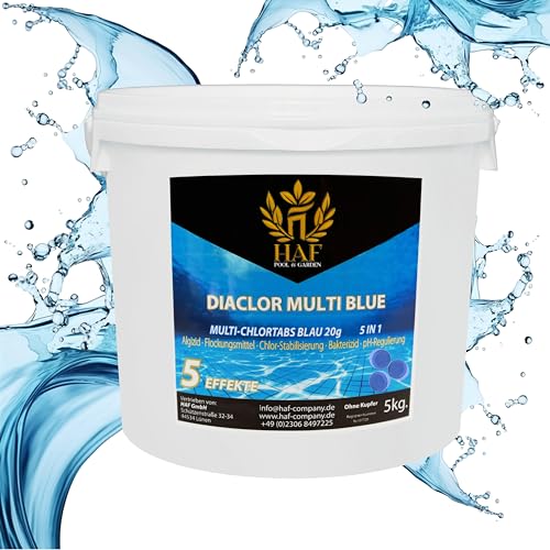 HAF® Pool Chlor Multitabs 5 in 1 Blau | 5 kg | Langsam lösliche 20g Multi Chlortabletten für kristallklares Poolwasser | 5 Phasen Pflege & Reinigung - Qualität: Made in Europe - Menge: 1 x 5 kg von HAF