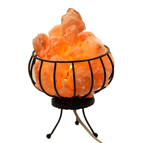 HAF® Rosa Salzlampe Metallkorb Feuerkorb aus echtem Natursalz | 100% natürliche Salzkristalllampe aus der Salt Range Pakistan | Nachttischlampe auf Holzsockel inkl. Lampenfassung + Glühbirne von HAF
