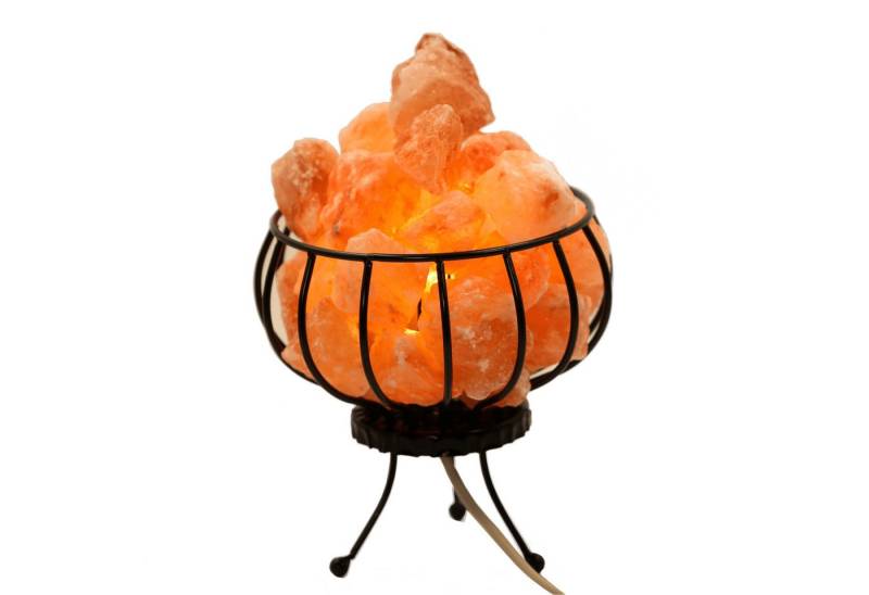 HAF Salzkristall-Tischlampe Salzlampe Metallkorb Feuerkorb mit Salzkristallen inkl Fassung + Birne, Leuchtmittel wechselbar, Warmweiß/Rosa, Handgefertigt - jeder Stein ein Unikat von HAF