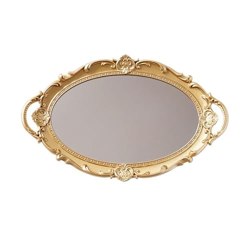 Dekoratives Tablett for das Wohnzimmer, rechteckiges dekoratives Schminkspiegeltablett im Vintage-Stil for Desserttisch, Couchtisch, Heimdekoration, Servieren mit Griff (weiß)(Gold Oval) von HAFEISI