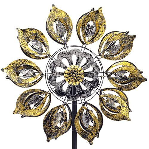 HAFIX Windrad Windgold 3D Optik Ø58cm. Windspiel für den Garten aus Metall. Windmühle mit Höhenverstellung dekorativ einzigartiger Blickfänger, wetterfest & UV-beständig in Gold & Silber H: 185cm. von HAFIX