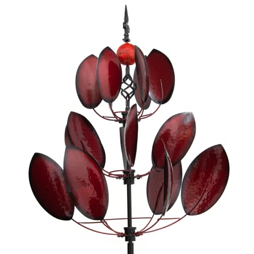 HAFIX XXL Windrad - Windrose - mit Blüten für 3D Optik. Windspiel mit Höhenverstellung aus Metall max. Höhe 202cm. Windspinner Ø62cm für Garten als Dekoration UV-beständig & wetterfest in weinrot. von HAFIX