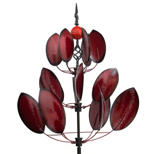 HAFIX Windrad Windrose 3D Optik Ø62cm. Windspiel für den Garten aus Metall. Windmühle mit Höhenverstellung dekorativ einzigartiger Blickfänger, wetterfest & UV-beständig Deko in weinrot H: 202cm. von HAFIX