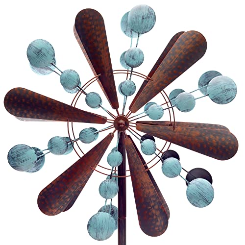 HAFIX Windrad Windtropfen 3D Optik Ø58cm. Windspiel für den Garten aus Metall. Windmühle mit Höhenverstellung dekorativ einzigartiger Blickfänger, wetterfest & UV-beständig blau & Kupfer, H: 182cm. von HAFIX