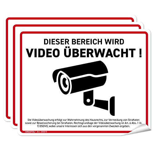 HAGEFOL® Aufkleber Videoüberwachung, 3 Stück (15x12 cm - klein) mit DSGVO Hinweis, Luftkanalfolie: blasenfrei kleben, Kamera Warnhinweis für Überwachungskamera oder Kamera Attrappe von HAGEFOL
