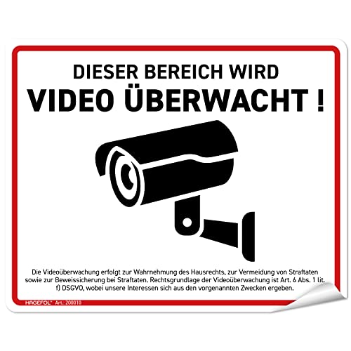 HAGEFOL® Aufkleber Videoüberwachung (15x12 cm - klein) mit DSGVO Hinweis, Luftkanalfolie: blasenfrei kleben, Kamera Warnhinweis für Überwachungskamera oder Kamera Attrappe von HAGEFOL