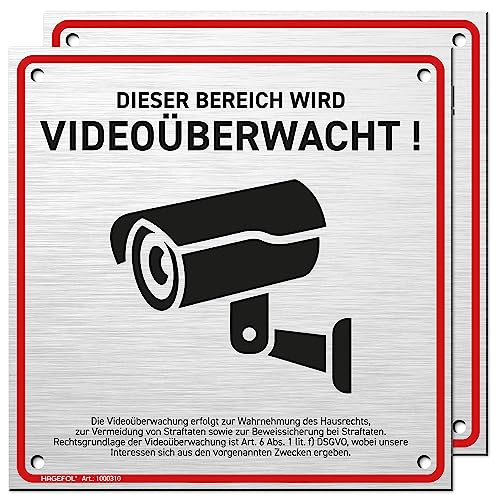 HAGEFOL® Schild Videoüberwachung, 2er Set, (15x15 cm - klein) mit DSGVO Hinweis, inkl. 4 Bohrlöcher, Kamera Warnhinweis für Überwachungskamera oder Kamera Attrappe (Aluminium gebürstet) von HAGEFOL