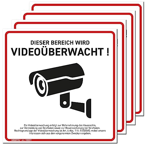 HAGEFOL® Schild Videoüberwachung, 4er Set, (15x15 cm - klein) mit DSGVO Hinweis, Kamera Warnhinweis für Überwachungskamera oder Kamera Attrappe (Hartschaum Weiß) von HAGEFOL