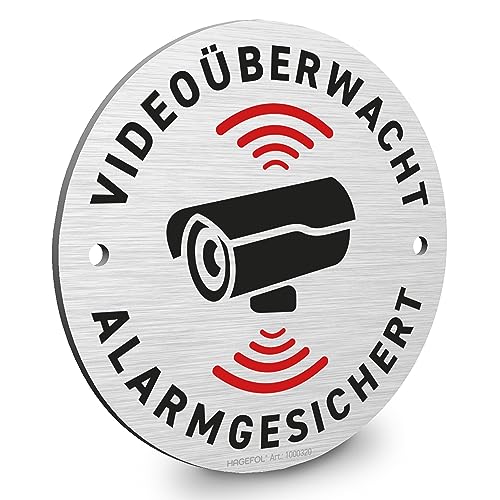 HAGEFOL® Schild Videoüberwachung und Alarmgesichert, rund (10 cm - klein), aus Alu-Dibond, inkl. 2 Bohrlöcher, Hinweis auf Kameraüberwachung für Überwachungskamera, Alarmanlage Haus, Kamera Atrappe von HAGEFOL