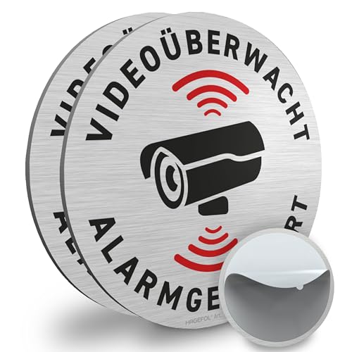 HAGEFOL® Videoüberwachung Schild selbstklebend, 2 Stück, rund (10 cm - klein), aus Alu-Dibond, Warnhinweis bei Kameraüberwachung für Überwachungskamera, Alarmanlage Haus oder Kamera Attrappe (2) von HAGEFOL
