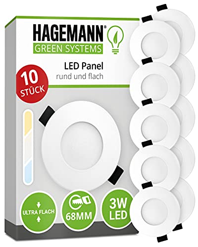 HAGEMANN® 10 x LED Einbauleuchte 3 Watt 300lm – Ø 68 mm Bohrloch – 230V LED Panel rund flach von HAGEMANN GREEN SYSTEM