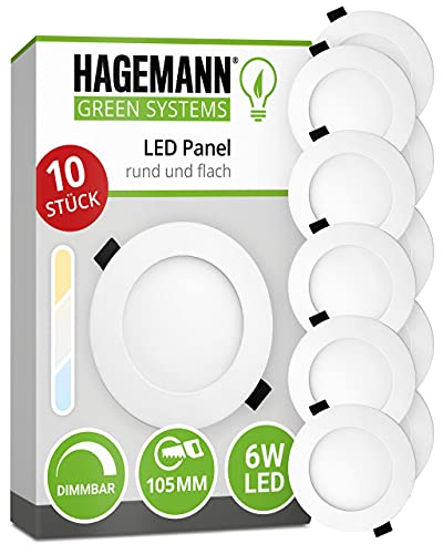 HAGEMANN® 10 x LED Einbaupanel dimmbar 6 Watt 540lm IP20 – Ø 105mm Bohrloch 230V Einbaustrahler – LED Deckenstrahler ersetzt 50 W Halogen von HAGEMANN GREEN SYSTEM