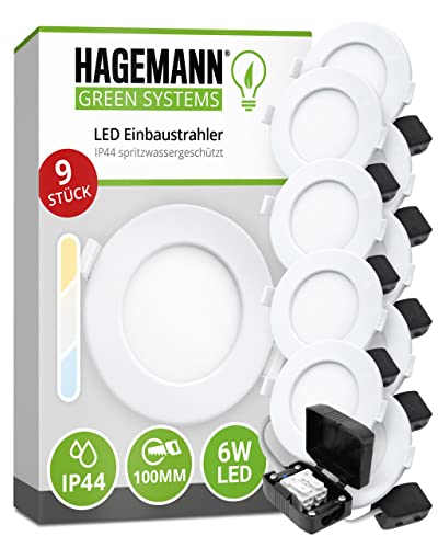 HAGEMANN® 9 x LED Einbaustrahler IP44 6 Watt 420lm Ø 105 mm Bohrloch 230V spritzwassergeschützte Badezimmer Einbauleuchte ultra flach 26mm Einbautiefe von HAGEMANN GREEN SYSTEM