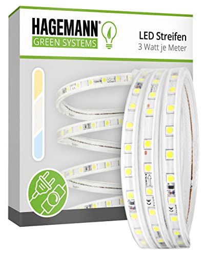 HAGEMANN® LED Streifen dimmbar mit Stecker 1-50 Meter 3 Watt pro Meter 265lm/m IP44 5050 LED Lichtleiste – LED Strip 230V von HAGEMANN GREEN SYSTEM