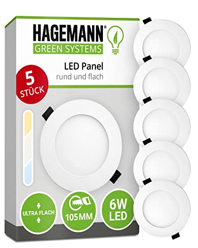 HAGEMANN 5 x LED Einbaupanel 6 Watt 540lm IP20 – 105mm Bohrloch 230V Einbaustrahler – LED Deckenstrahler ersetzt 50 W Halogen von HAGEMANN GREEN SYSTEM