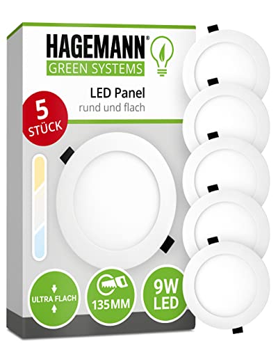 HAGEMANN 5 x LED Spot Einbauleuchte rund 9 Watt 890lm IP20 – 135mm Bohrloch 230V Einbaustrahler – LED Deckenspots ersetzen 75 W Halogen von HAGEMANN GREEN SYSTEM