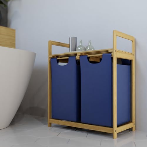 Bambus Wäschekorb Blau mit Ablage Wäschebehälter Sammler Sortierer Truhe Organizer Trenner 2x30L von HAGO