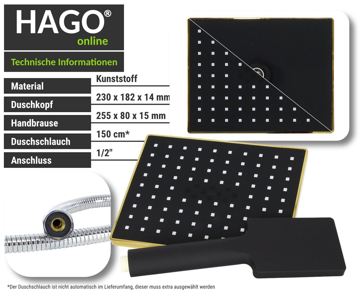 HAGO Handbrause Duschkopf Handbrause Set Kunststoff Anti Kalk Düsen schwarz eckig von HAGO