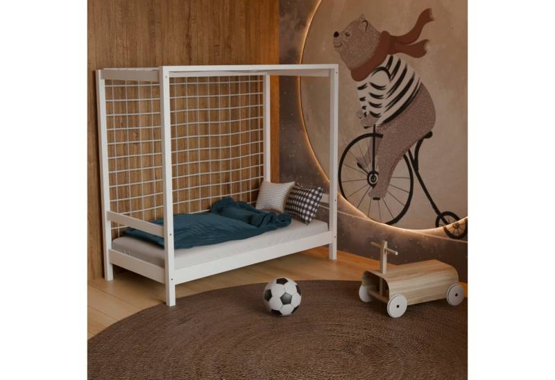 HAGO Kinderbett HAGO24 Kinderbett Fußballtor weiß Jugendbett Einzelbett Holz 70x140cm, Torrahmen mit Netz von HAGO