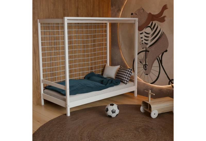 HAGO Kinderbett HAGO24 Kinderbett Fußballtor weiß Jugendbett Einzelbett Holz 80x160cm, Torrahmen mit Netz von HAGO