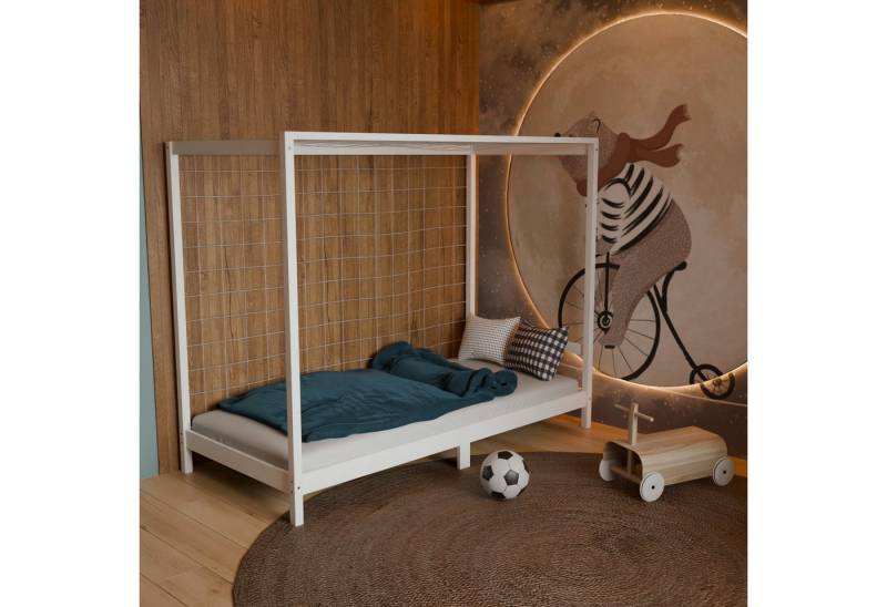 HAGO Kinderbett HAGO24 Kinderbett Fußballtor weiß Jugendbett Einzelbett Holz 90x200cm, Torrahmen mit Netz von HAGO