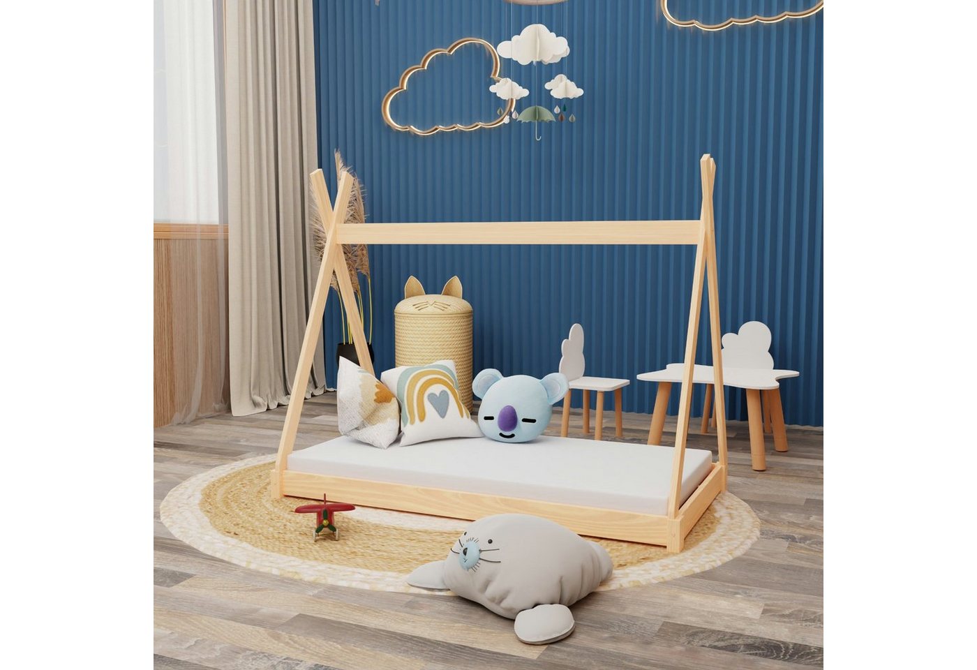 HAGO Kinderbett Montessori Kinderbett 140x70cm natur Tipi Spielbett Zeltform Holz von HAGO