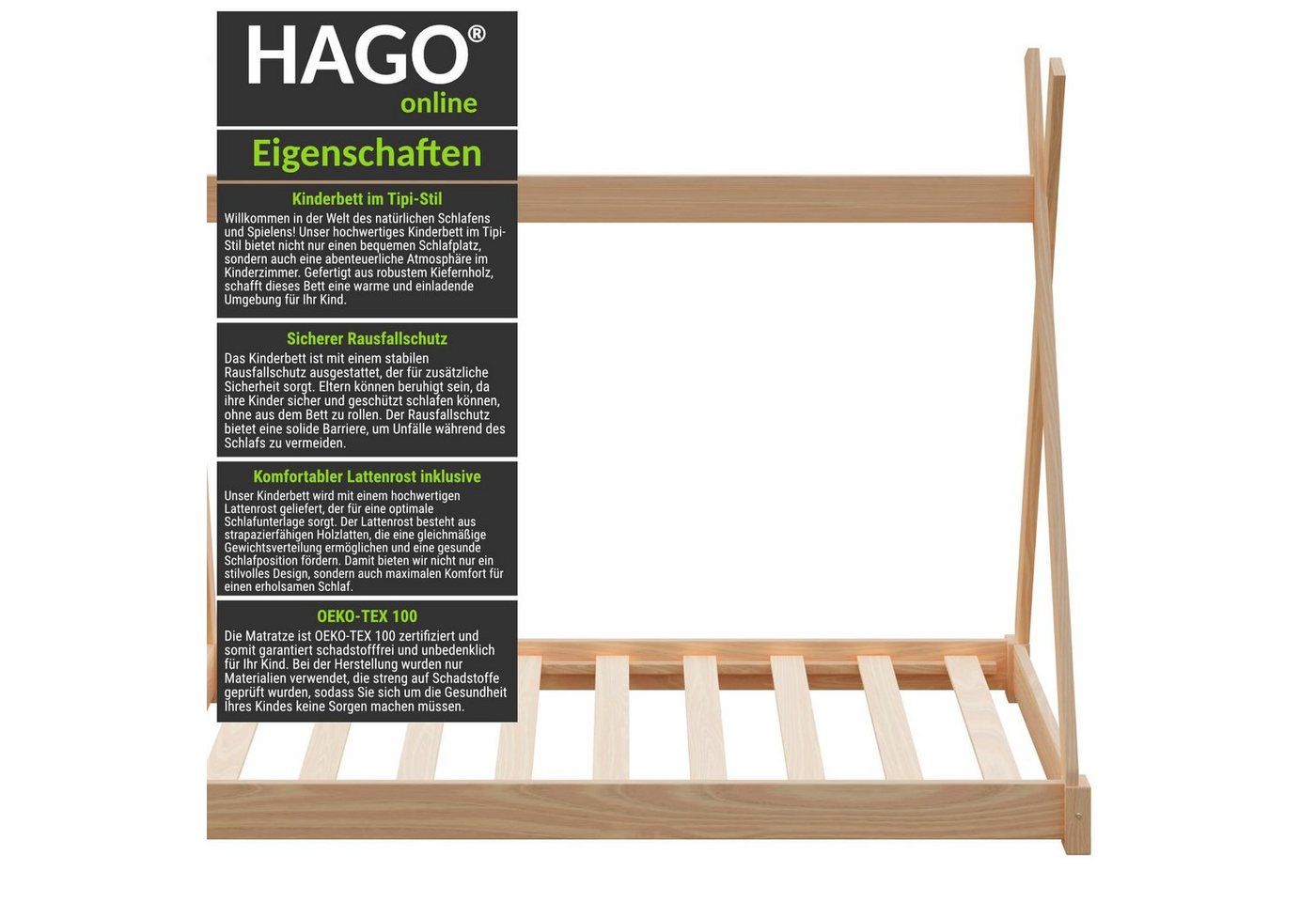 HAGO Kinderbett Montessori Kinderbett 140x70cm natur Tipi Spielbett Zeltform Holz von HAGO