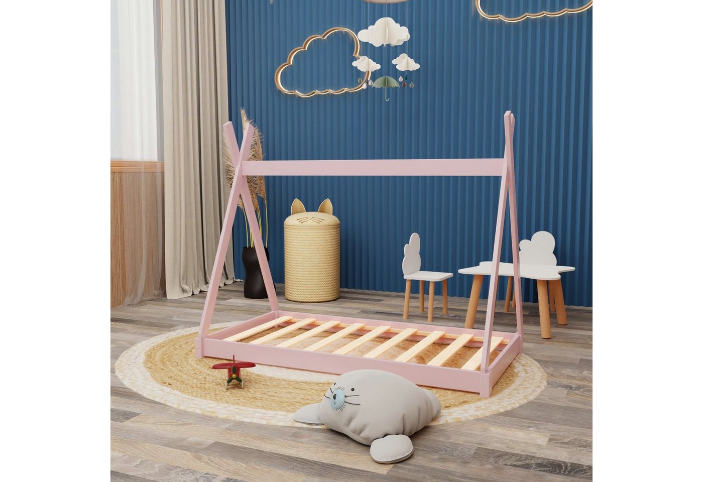 HAGO Kinderbett Montessori Kinderbett 140x70cm rosa Tipi Spielbett Zeltform Holz boden von HAGO