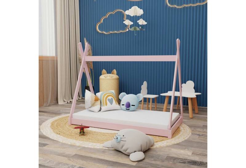 HAGO Kinderbett Montessori Kinderbett 140x70cm rosa Tipi Spielbett Zeltform Holz boden von HAGO