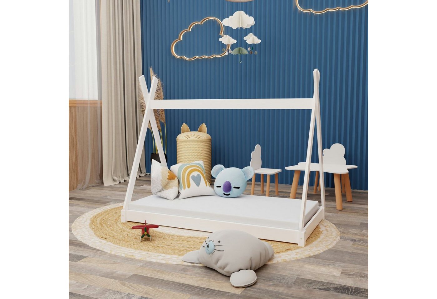 HAGO Kinderbett Montessori Kinderbett 140x70cm weiß Tipi Spielbett Zeltform Holz boden von HAGO