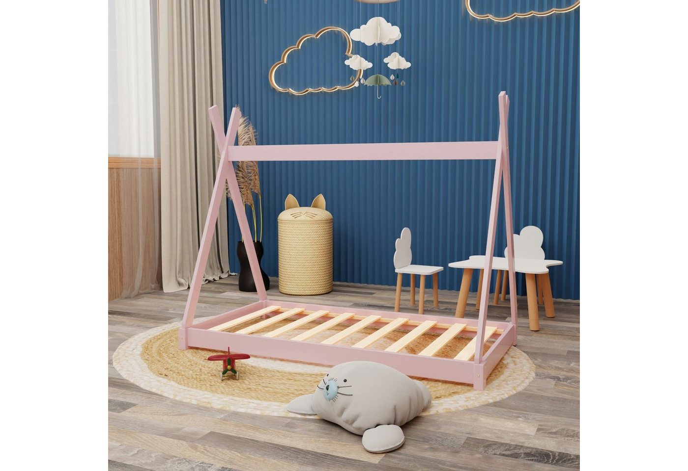 HAGO Kinderbett Montessori Kinderbett 160x80cm rosa Tipi Spielbett Zeltform Holz boden von HAGO